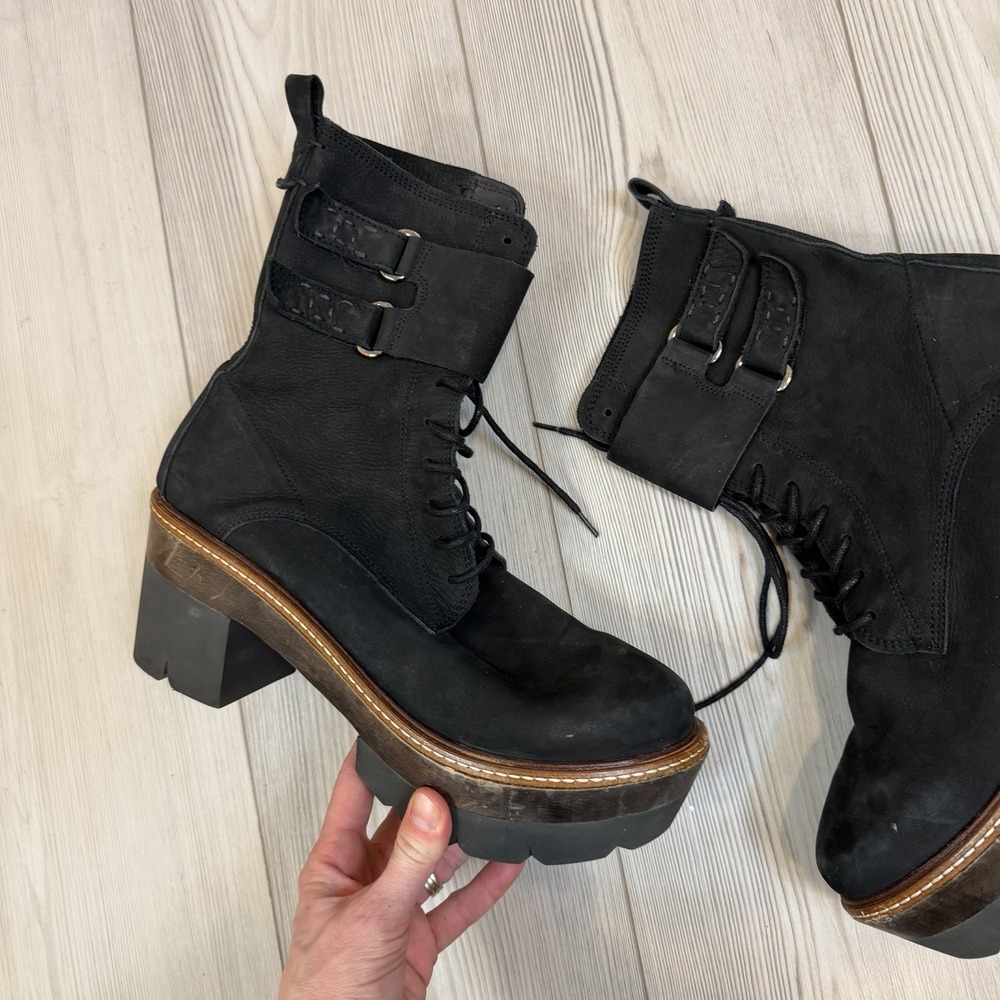 Free People Lace Up Boots Combat Suede Black Boots Platform Sz 10 EU 41 - Picture 2 of 10